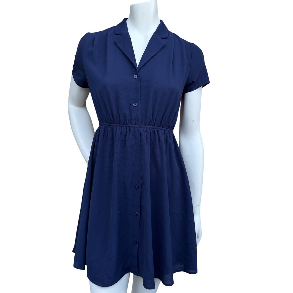 Forever 21 Navy Blue Button Down Mini Dress Elastic Waist Preppy Minimalist S